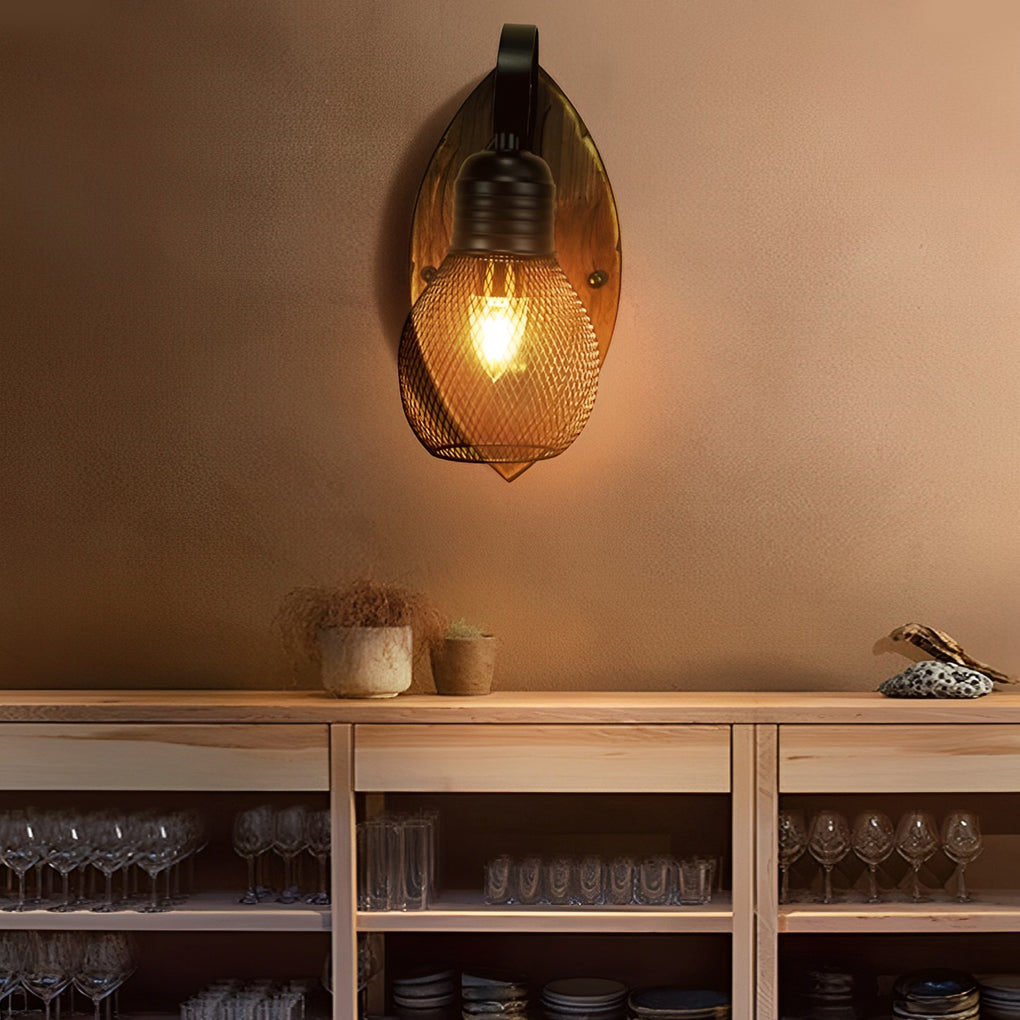 Rustic Antique Wood &amp; Iron Mesh Industrial Wall Lamp