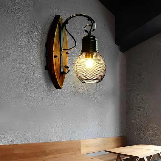 Rustic Antique Wood &amp; Iron Mesh Industrial Wall Lamp