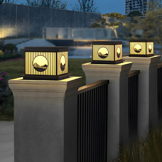 Retro Mountain Scenery LED Waterproof Black Solar Pillar Lamp