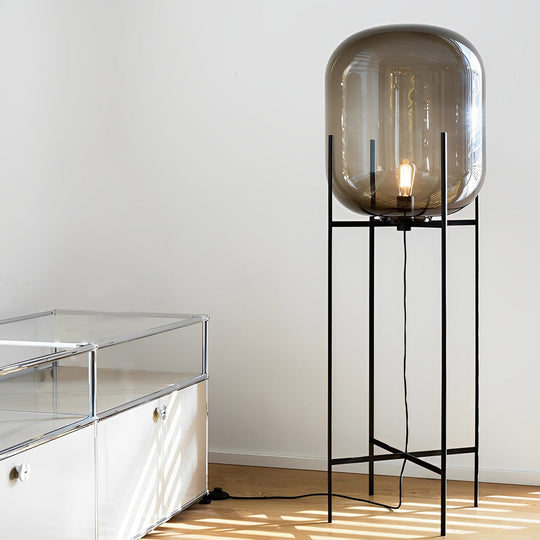 Industrial Standing Metal &amp; Hand-Blown Glass Floor Lamp