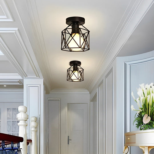 Wire Frame Lantern Outdoor Semi Flush Mount LED Ceiling Light
