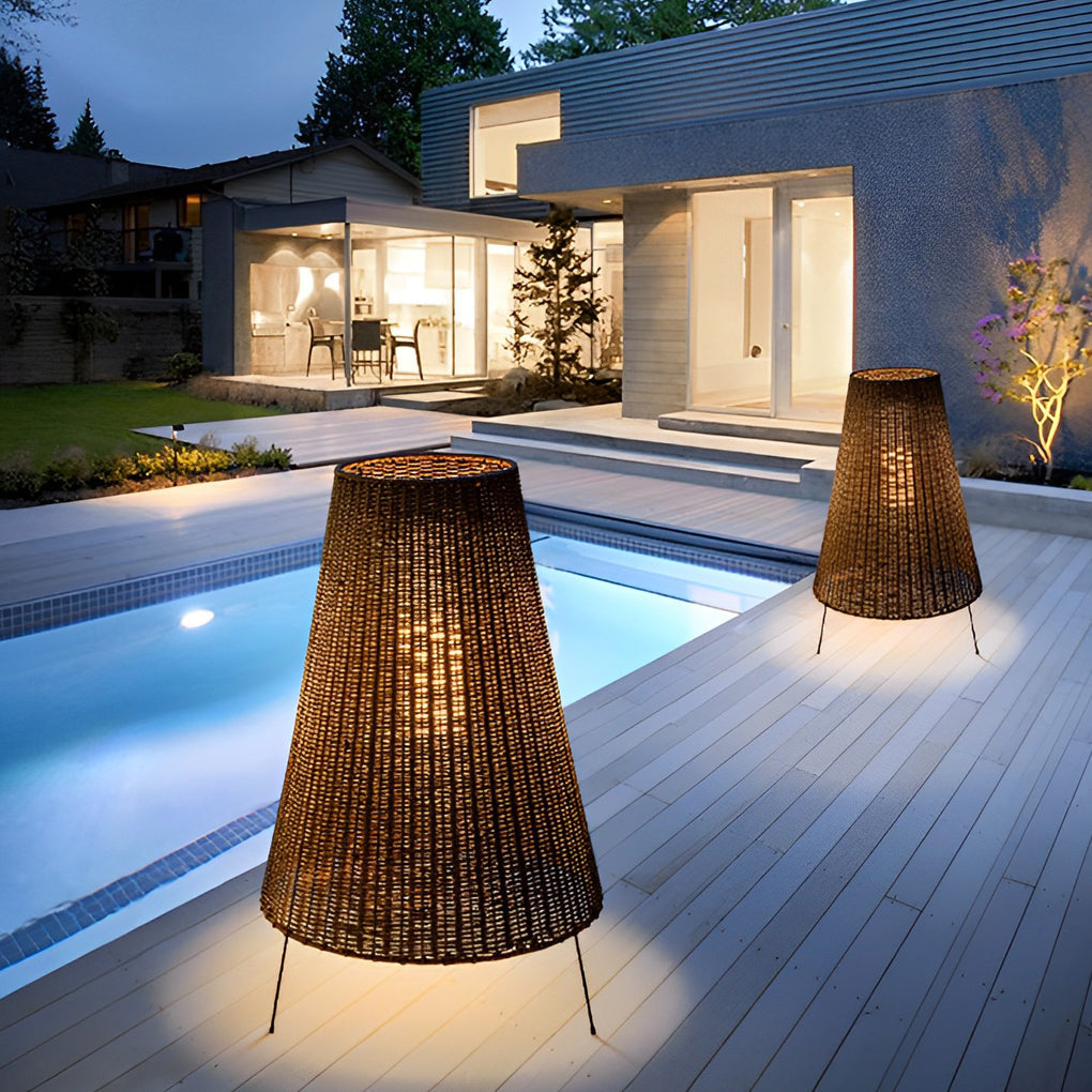 Rustic Rattan Tripod Outdoor Floor Lamp with LED