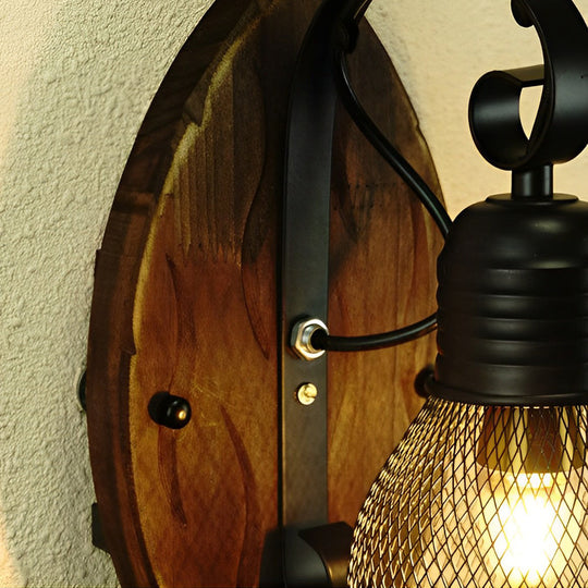 Rustic Antique Wood &amp; Iron Mesh Industrial Wall Lamp