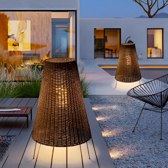 Rustic Rattan Tripod Outdoor Floor Lamp with LED
