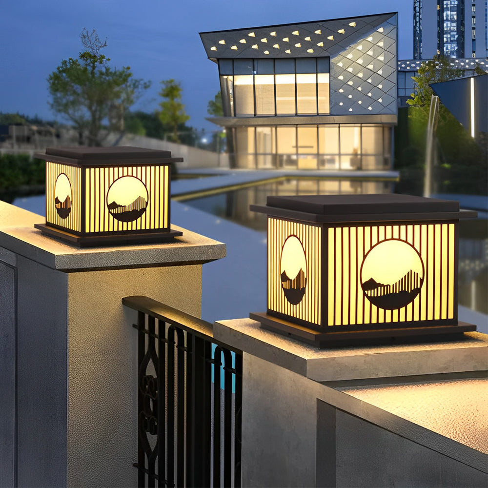 Retro Mountain Scenery LED Waterproof Black Solar Pillar Lamp