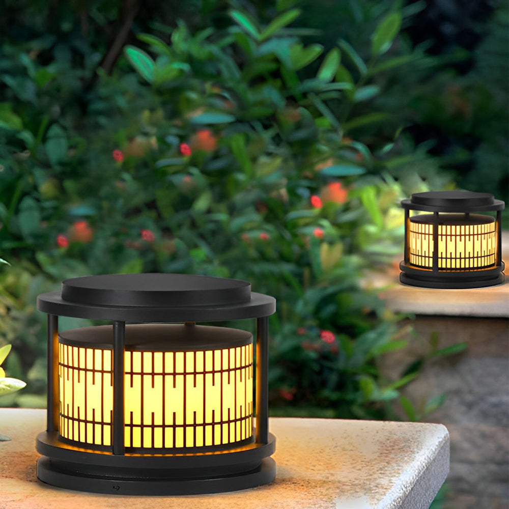 Round Retro Pattern Black Solar LED Fence Post Light