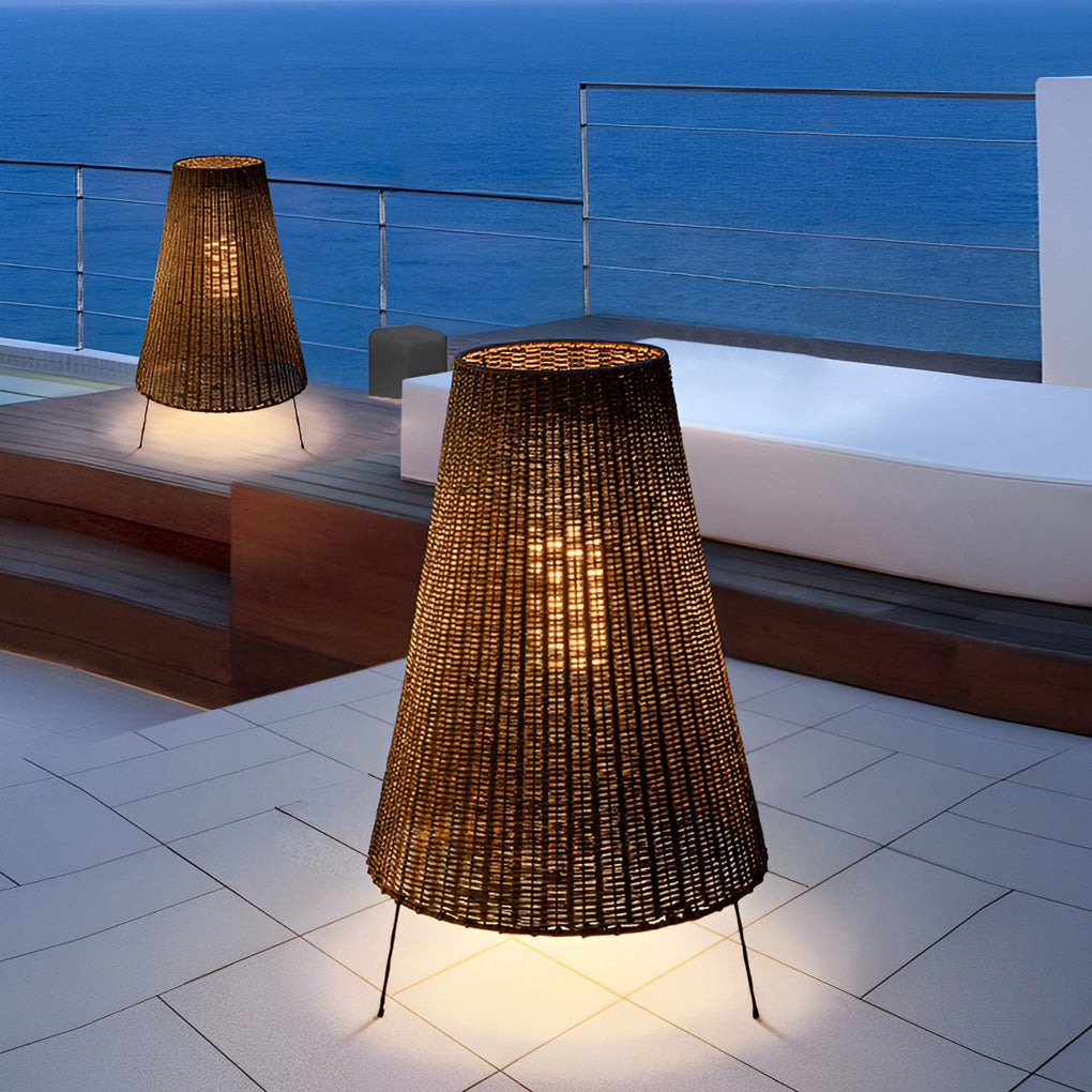 Rustic Rattan Tripod Outdoor Floor Lamp with LED