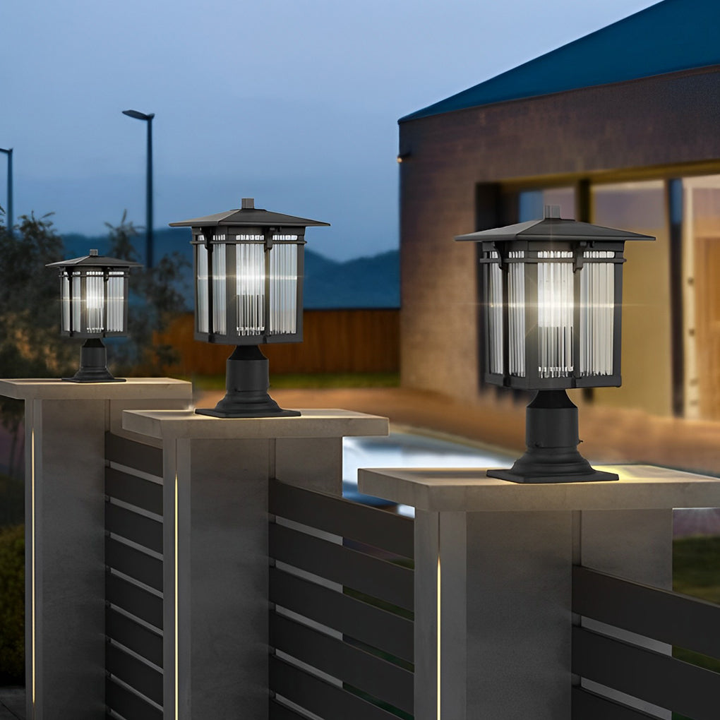 Striped Glass Shade LED Waterproof Outdoor Post Light