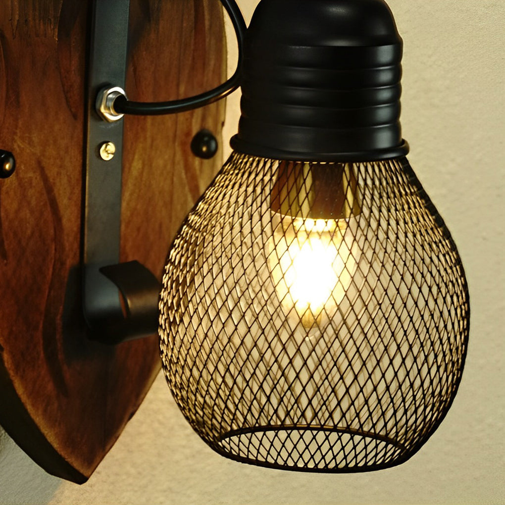 Rustic Antique Wood &amp; Iron Mesh Industrial Wall Lamp