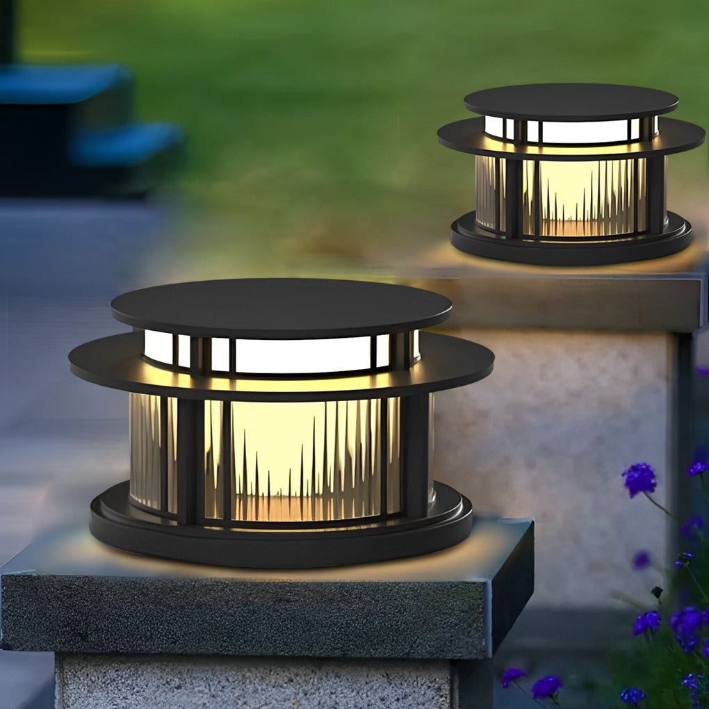 Round Waterproof LED Black Modern Solar Fence Post Lights Pillar Light