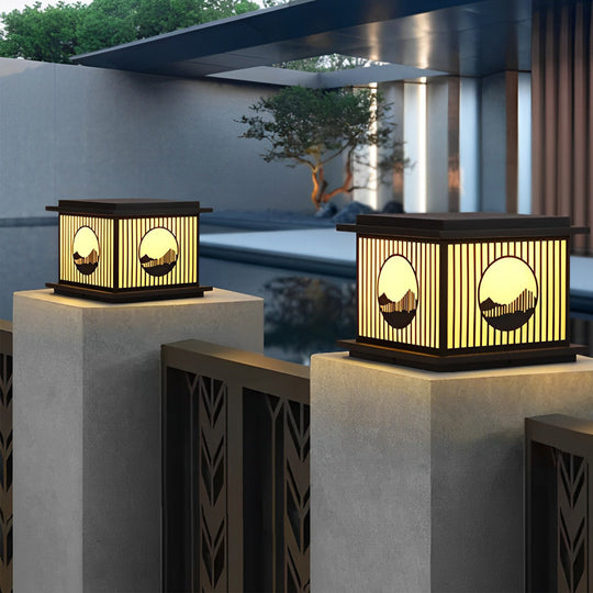 Retro Mountain Scenery LED Waterproof Black Solar Pillar Lamp