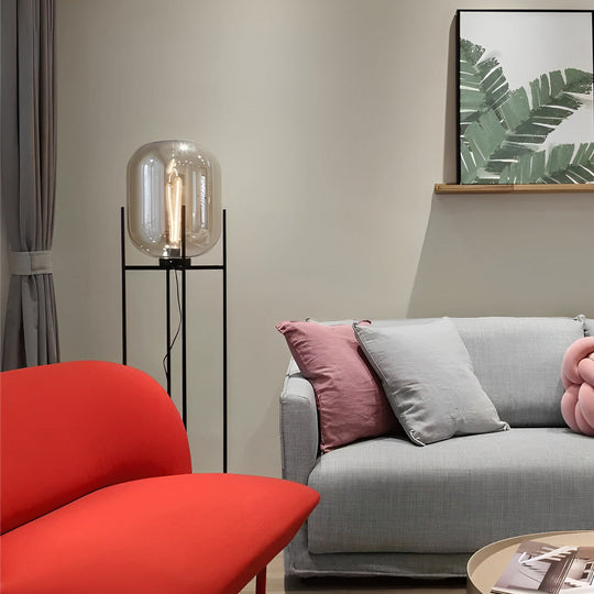 Industrial Standing Metal &amp; Hand-Blown Glass Floor Lamp