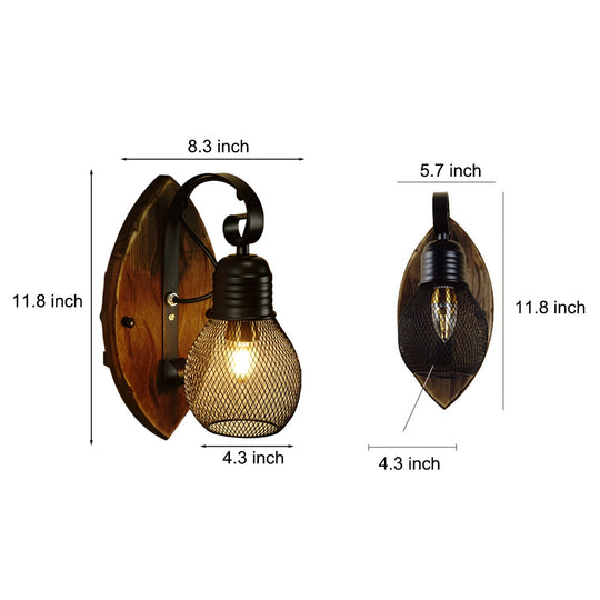 Rustic Antique Wood &amp; Iron Mesh Industrial Wall Lamp