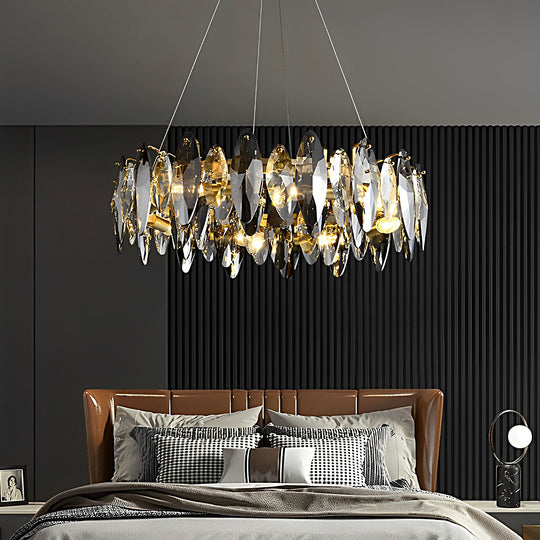 Round Iron LED Oval Crystal Decor Smoke Gray Modern Chandelier Light