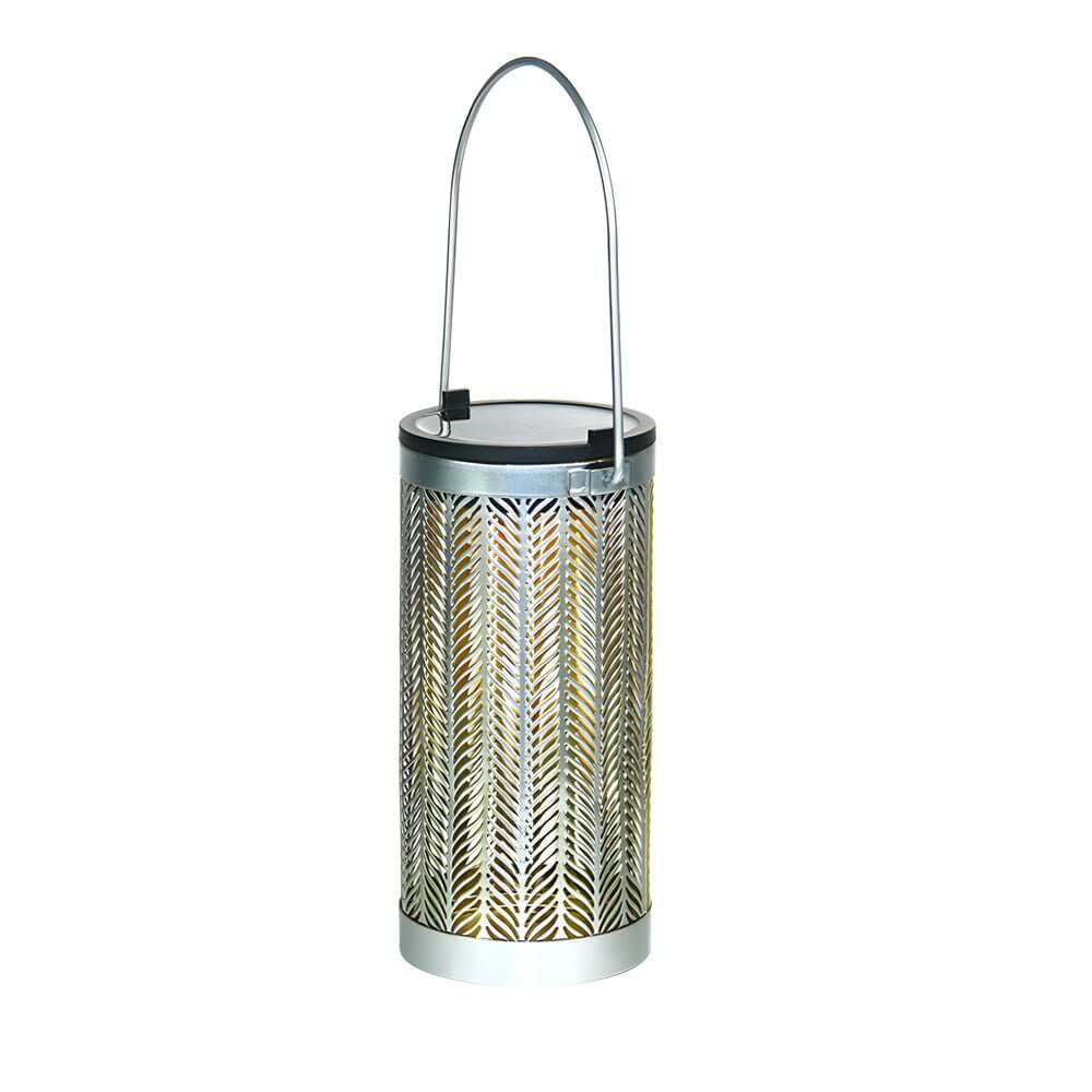 7.3-Inch Metal Cutout Solar Hanging Lantern – Silver Outdoor Decorative Light with Flower Pattern &amp; Warm White LED