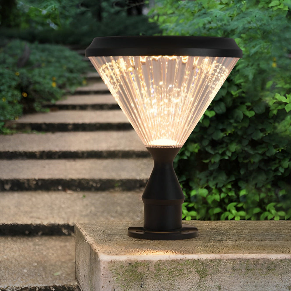 Round Black Solar LED Outdoor Light with Ribbed Lampshade