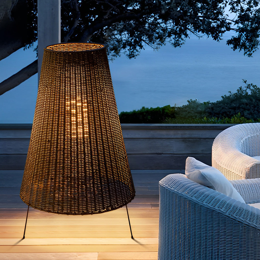 Rustic Rattan Tripod Outdoor Floor Lamp with LED