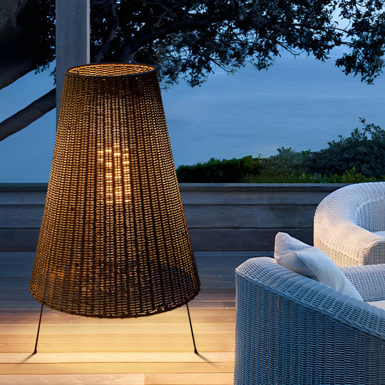 Rustic Rattan Tripod Outdoor Floor Lamp with LED