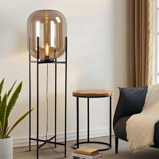 Industrial Standing Metal &amp; Hand-Blown Glass Floor Lamp