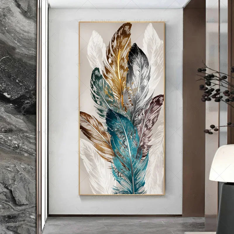 Abstract Beige Golden Brown Feathers Canvas Wall Art