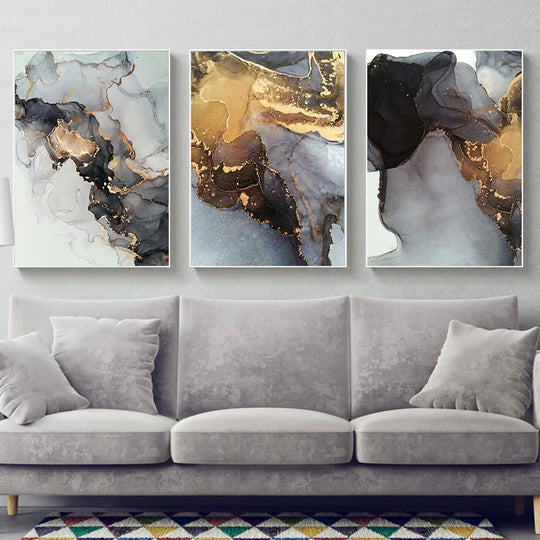 Abstract Black Gray Golden Liquid Marble Canvas Wall Art Unframed