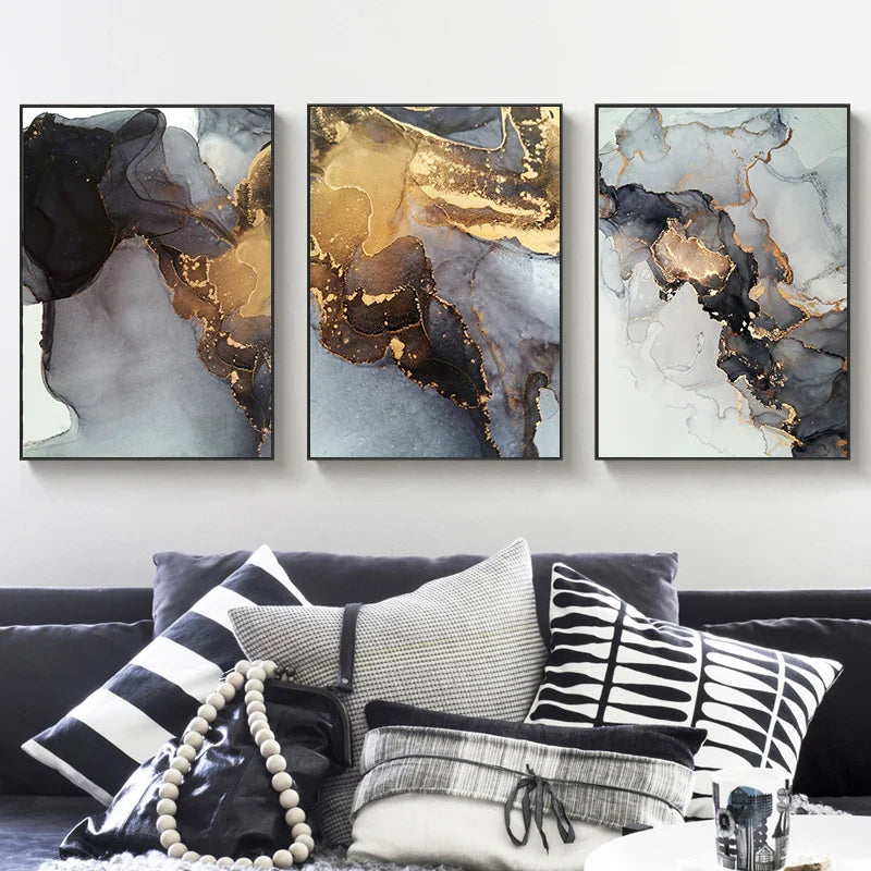 Abstract Black Gray Golden Liquid Marble Canvas Wall Art Unframed