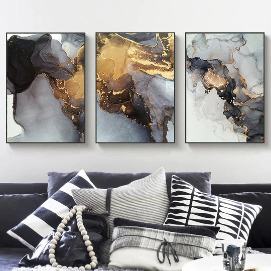 Abstract Black Gray Golden Liquid Marble Canvas Wall Art Unframed