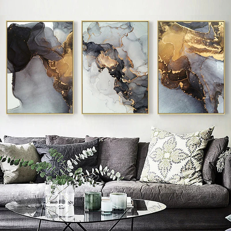 Abstract Black Gray Golden Liquid Marble Canvas Wall Art Unframed