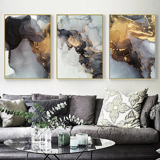 Abstract Black Gray Golden Liquid Marble Canvas Wall Art Unframed