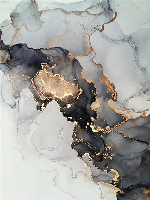 Abstract Black Gray Golden Liquid Marble Canvas Wall Art Unframed