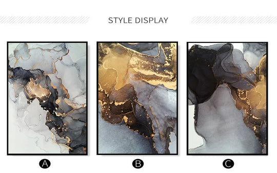 Abstract Black Gray Golden Liquid Marble Canvas Wall Art Unframed