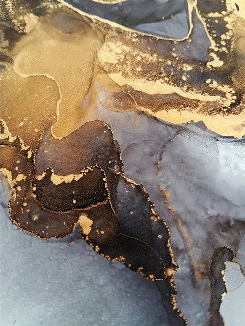 Abstract Black Gray Golden Liquid Marble Canvas Wall Art Unframed