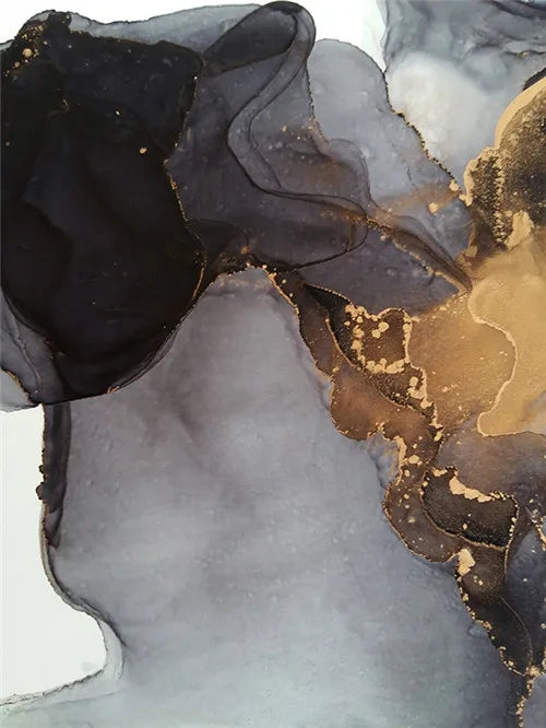 Abstract Black Gray Golden Liquid Marble Canvas Wall Art Unframed