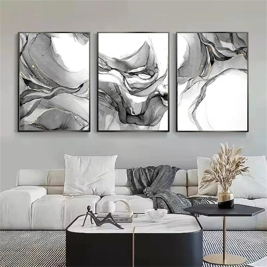 Abstract Black White Liquid Marble Canvas Wall Art Unframed