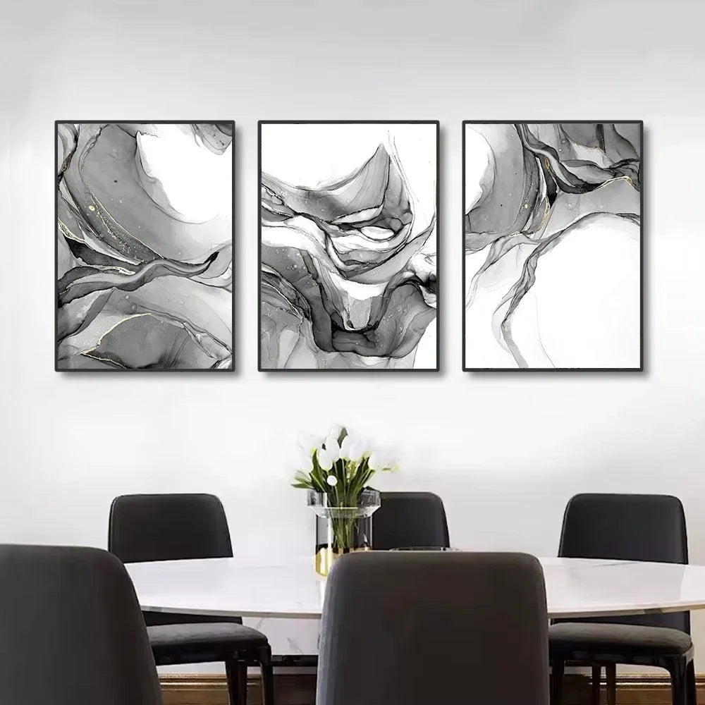 Abstract Black White Liquid Marble Canvas Wall Art Unframed