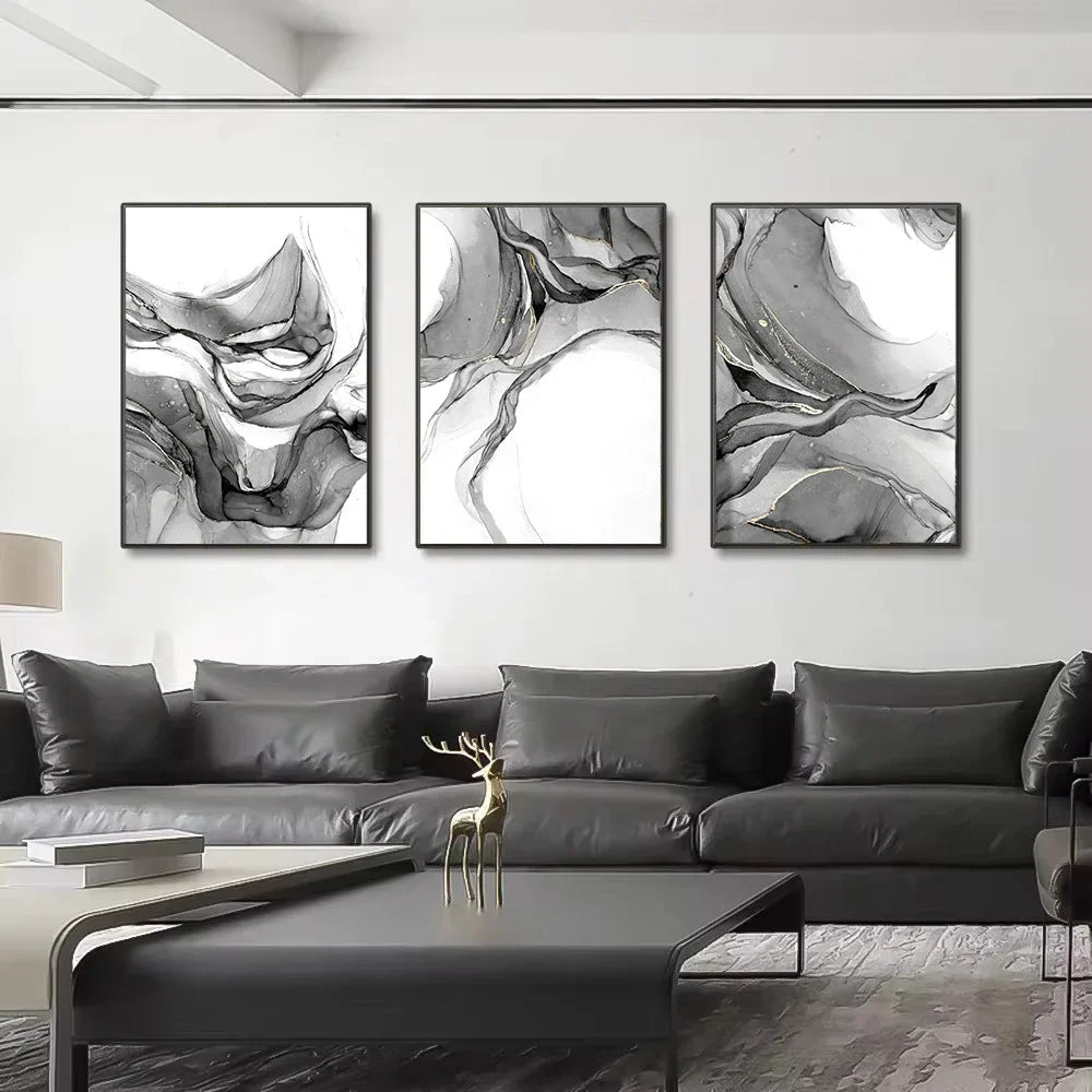 Abstract Black White Liquid Marble Canvas Wall Art Unframed