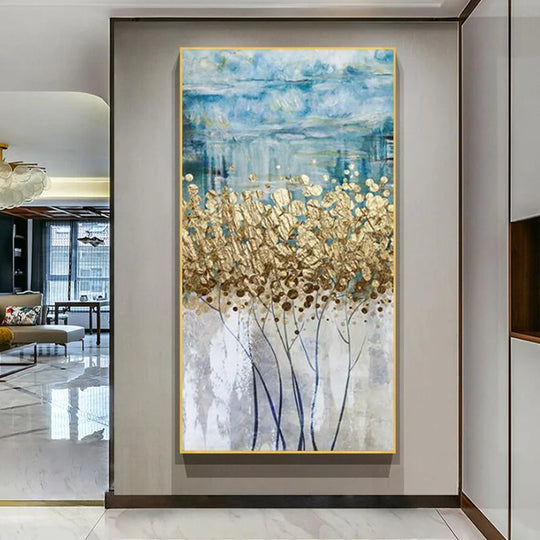 Abstract Blue Golden Money Tree Canvas Wall Art Unframed