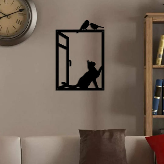 Birds and Cat Silhouette Black Metal Wall Art Decor