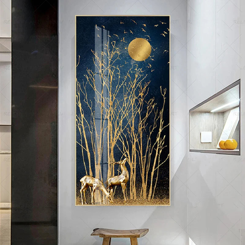 Golden Deer in Moonlight Abstract Canvas Wall Art