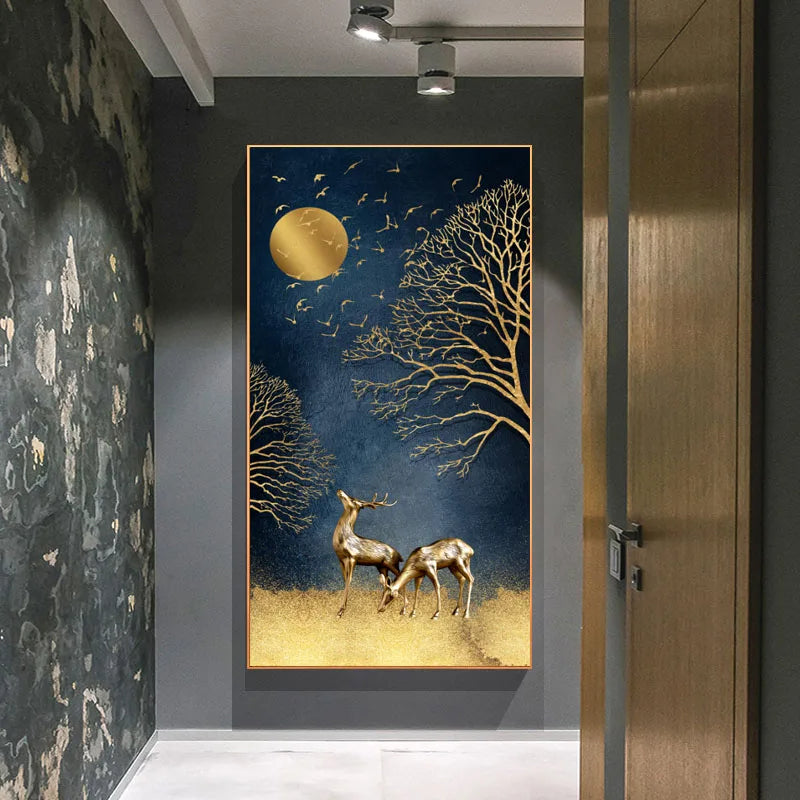 Golden Deer in Moonlight Abstract Canvas Wall Art