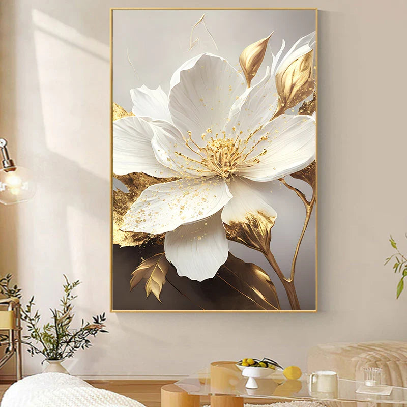 Big Golden White Petal Floral Canvas Wall Art Unframed