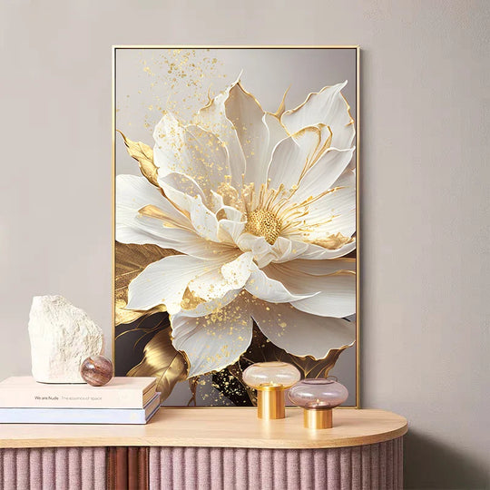 Big Golden White Petal Floral Canvas Wall Art Unframed
