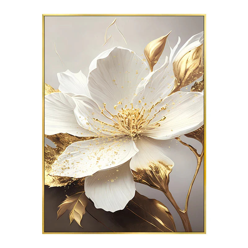 Big Golden White Petal Floral Canvas Wall Art Unframed