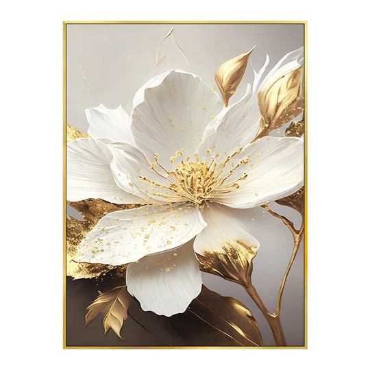 Big Golden White Petal Floral Canvas Wall Art Unframed