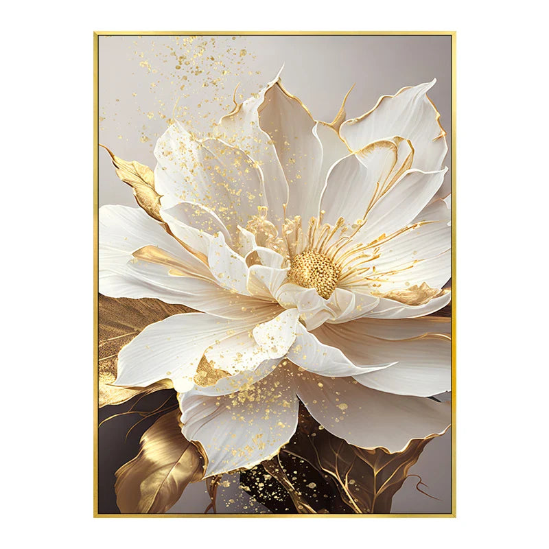 Big Golden White Petal Floral Canvas Wall Art Unframed