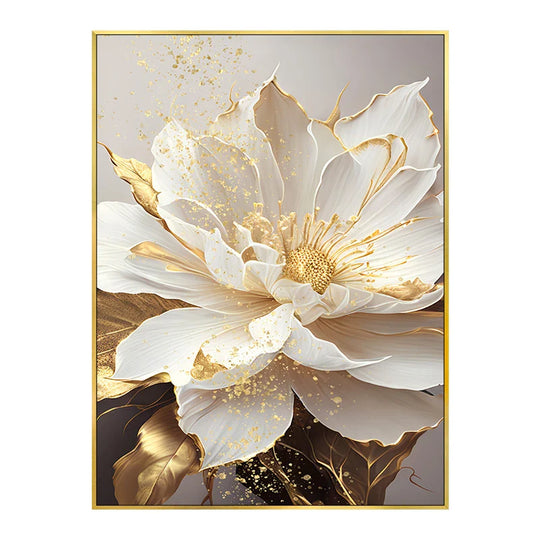 Big Golden White Petal Floral Canvas Wall Art Unframed