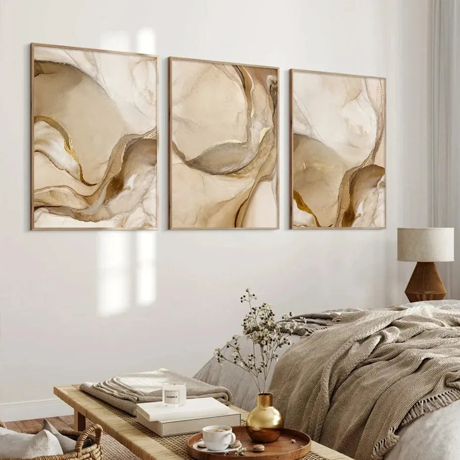 Golden Beige Liquid Marble Abstract Canvas Wall Art