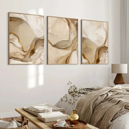 Golden Beige Liquid Marble Abstract Canvas Wall Art