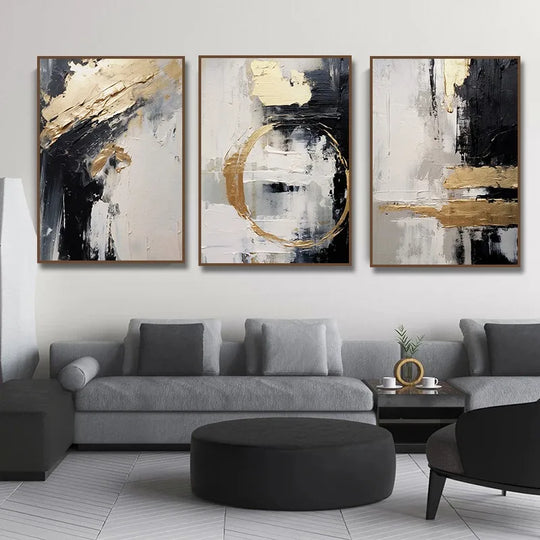 Black Beige Golden Thick Brush Abstract Canvas Wall Art