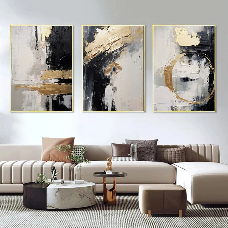 Black Beige Golden Thick Brush Abstract Canvas Wall Art